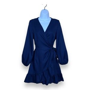 SMALL NAGOO NAVY BLUE WRAP DRESS RUFFLE ACCENT TIE CLOSURE